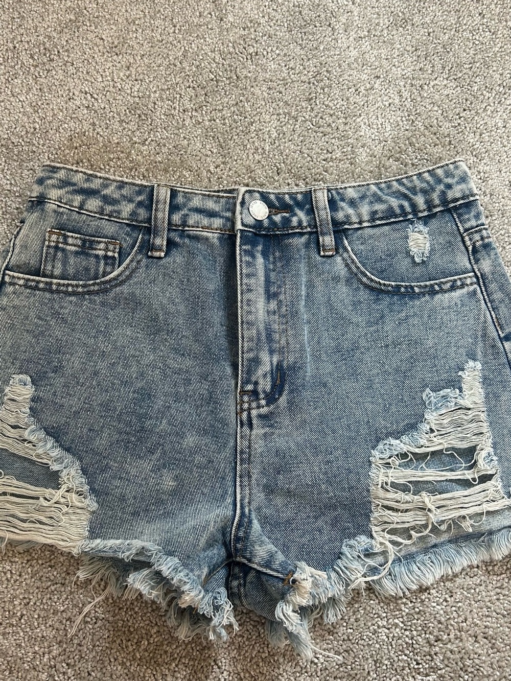 High-Rise Distressed Denim Shorts - Light Blue